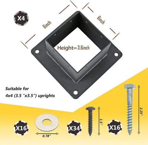 Vista 2 de 4 soportes de anclaje de base de poste de 4 x 4, tamaño interior de 3.5 x 3.5 pulgadas de grosor, soportes de poste de cubierta de polvo negro