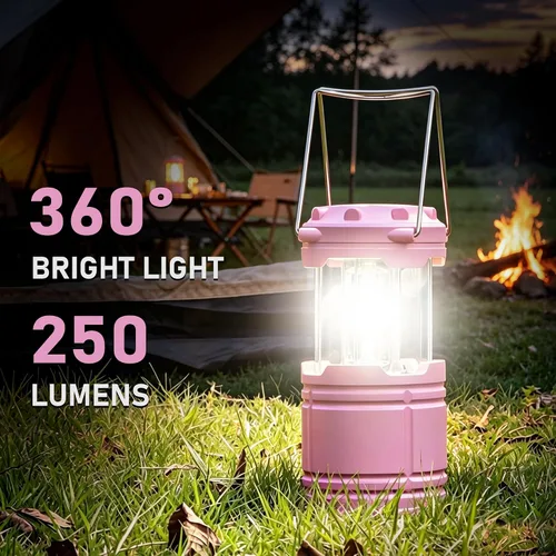 Vista 2 de Paquete de 2 mini linternas LED rosas para acampar, luces portátiles para acampar, lámparas con mango al aire libre, luces de emergencia esenciales