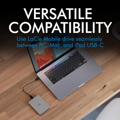 Vista 6 de LaCie Mobile Drive, disco duro externo portátil de 5TB - Plata Lunar, USB-C 3.2, para PC y Mac, reciclado post-consumo, con Adobe All Apps Plan