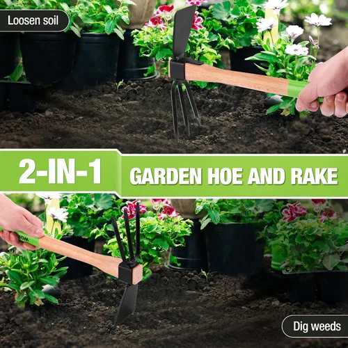 Vista 6 de WORKPRO Azada y Cultivador Rastrillo de Jardín con Mango de Madera de 14", Hoja de Azada Afilada y Cultivador Resistente de 3 Garras, Herramientas