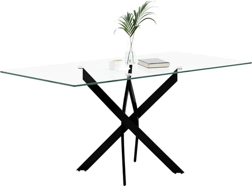 Vista 10 de Mesa de comedor de vidrio templado con patas de metal negro, mesa de cocina rectangular moderna de 47 pulgadas para cocina, comedor, oficina en casa