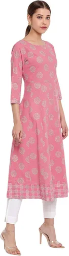 Vista 5 de Janasya Kurta de algodón para mujer india, Rosado
