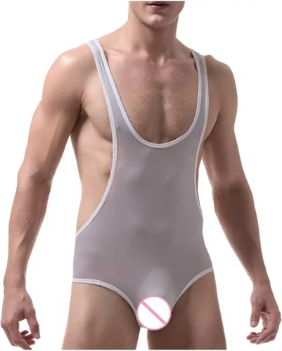 Vista 4 de Lencería para hombre para sexo travieso hielo sedoso malla transparente tirantes espalda cruzada semi transparente cuello en U profundo body bodywear
