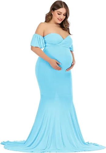 Vista 5 de ZIUMUDY Vestido de maternidad con hombros descubiertos y elegante para sesión de fotos, vestido de sirena envolvente para baby shower