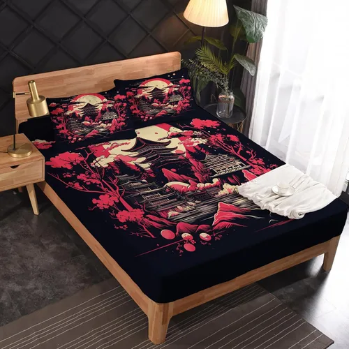 Vista 2 de Sábanas japonesas tamaño Queen – Sábanas de cama de estilo asiático, microfibra suave, bolsillo profundo, sábanas y fundas de almohada estampadas