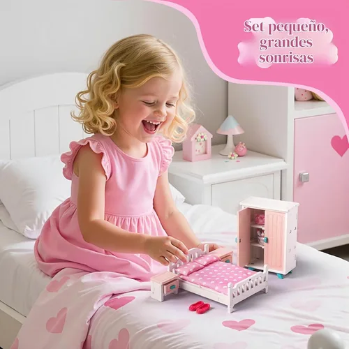 Vista 6 de BABESIDE Juego de muebles de dormitorio de casa de muñecas, 7 piezas de accesorios de casa de muñecas de madera rosa para muñecas de 3 pulgadas