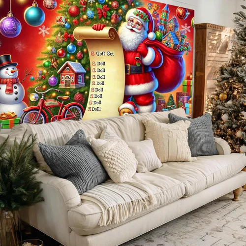 Vista 5 de HOMETITUTE Pancarta de Navidad de Papá Noel 8 x 6 pies Lista de Regalos Telón de Fondo Fiesta Navideña Fondo Árbol Muñeco de Nieve Bicicleta