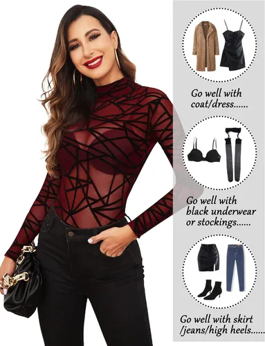 Vista 4 de Avidlove Body de manga larga para mujer, cuello alto, malla transparente, leotardos con estampado geográfico
