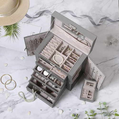 Vista 2 de ANWBROAD Caja de joyería grande de 6 niveles organizador de joyas con cerradura de espejo caja de joyería para niñas aretes anillos collares
