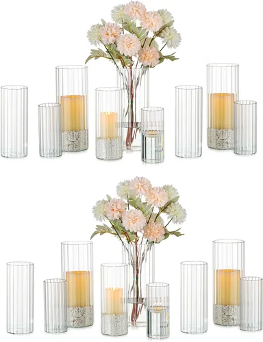 Vista 8 de Glasseam - Portavelas de vidrio acanalado, portavelas cilíndricos para velas de pilar, juego de portavelas transparentes Hurricane de 6 piezas