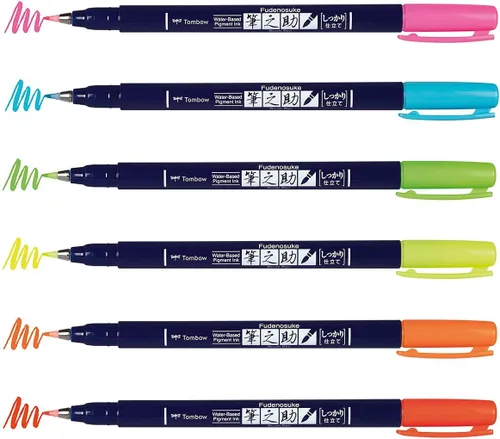 Vista 2 de Tombow 56437 Fudenosuke Neon Brush Pen, paquete de 6 bolígrafos de punta dura Fudenosuke en varios colores neón para caligrafía y dibujos artísticos