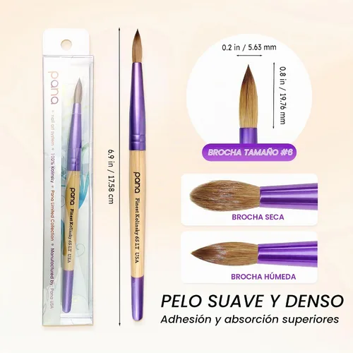 Vista 4 de PANA Pure Kolinsky Cepillo de uñas acrílico con mango de madera - forma redonda Beige