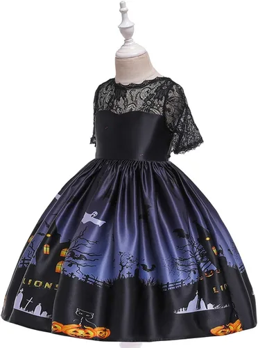 Vista 3 de HIHCBF Disfraz de bruja para niñas con sombrero de bruja, calabaza fantasma, calavera, estampado, cosplay