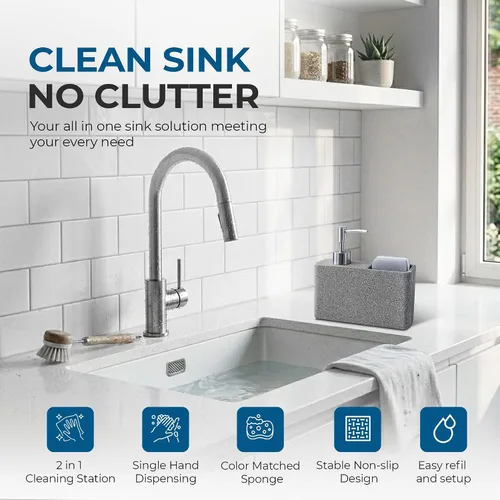 Vista 4 de Havara - Dispensador de jabón para platos de resina de granito con soporte para esponja, gris piedra Kitchen Soap Dispenser & Sink Organizer for