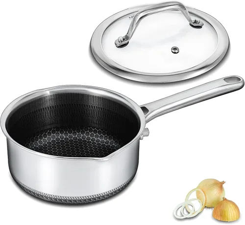 Vista 11 de Cacerola híbrida antiadherente de 1.5 cuartos de galón con tapa, olla de panal de acero inoxidable con dos boquillas de vertido, compatible