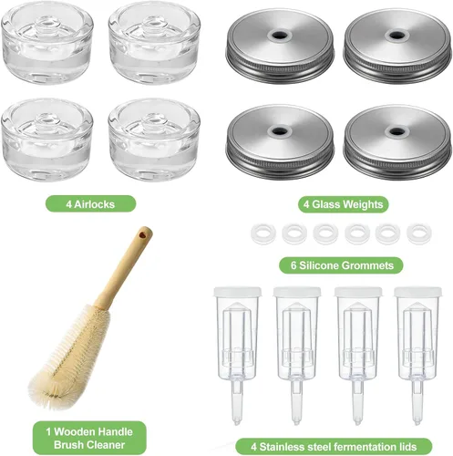 Vista 2 de Klemon Kit de fermentación para tarro de fermentación de masón de boca ancha, kit de chucrut en pepinillo, 4 tapas de fermentación, 4 pesos