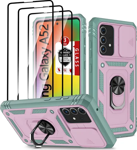 Vista 9 de Funda para Galaxy A52 4G, para Galaxy A52 5G con 3 protectores de pantalla de vidrio templado con soporte de anillo integrado + cubierta de cámara