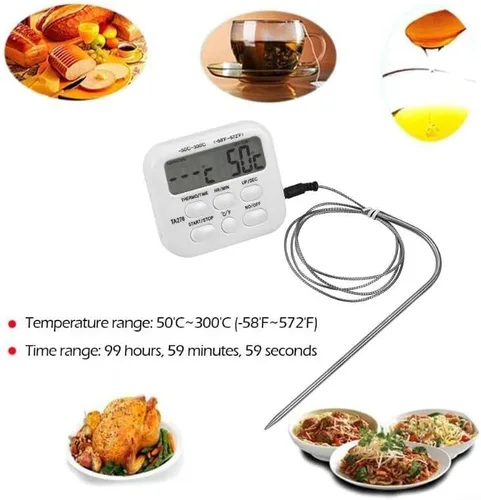 Vista 2 de Termómetro digital de alimentos con sonda para carne, barbacoa, horno y cocina: rango de -58.0 °F a 572.0 °F, interruptor Celsius/Fahrenheit, cable