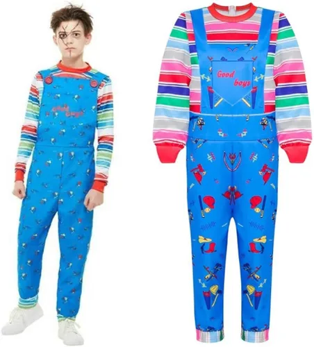 Vista 2 de Disfraz de Chucky Cosplay para niños y niñas, traje de tirantes con arcoíris
