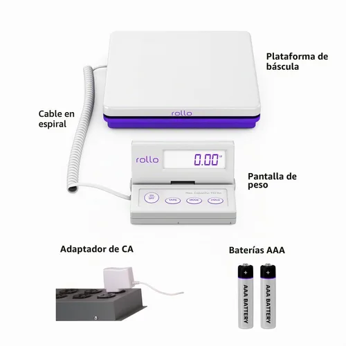 Vista 2 de Rollo Báscula de envío para paquetes - Báscula postal digital para envíos (110 lb máx) - Funciones de retención y tara - Incluye adaptador de CA y 2