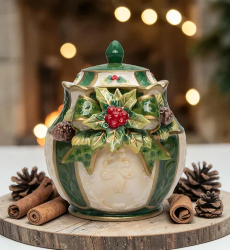 Vista 7 de Cosmos Gifts 10313 Acebo de Navidad de cerámica fina verde esmeralda con bayas rojas con cono de pino, 6 pulgadas de alto