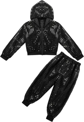 Vista 3 de inhzoy Conjunto de lentejuelas para niña, danza callejera, hip hop, danza, rendimiento, con capucha y pantalones de harén