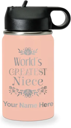 Vista 39 de LaserGram Botella de agua con tapa abatible de doble pared de 12 onzas con pajilla, sobrina más grande del mundo, grabado personalizado incluido