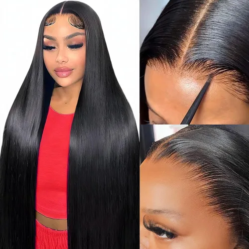 Vista 19 de mengkai Pelucas de cabello humano de 32 pulgadas con encaje frontal de 13x6, cabello humano predesplumado liso, peluca frontal de encaje HD