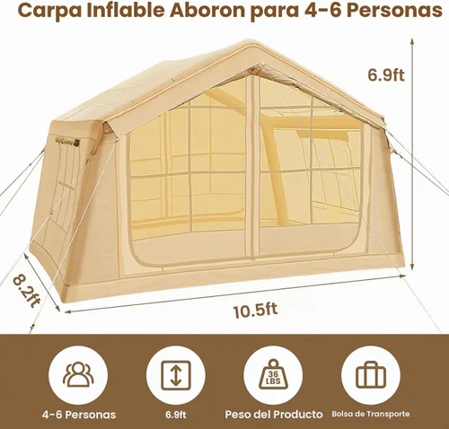 Vista 6 de Tienda inflable, fácil configuración 4/6/8/10/12 persona explota la tienda Beige