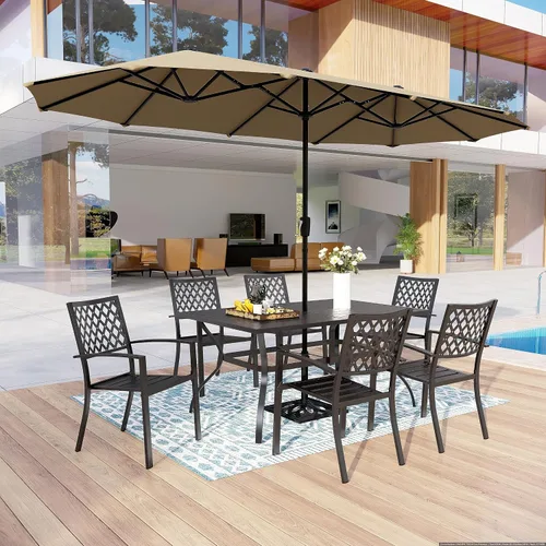 Vista 50 de MFSTUDIO Juego de mesa de comedor para patio al aire libre con paraguas, 4 sillas giratorias y 1 x 37 cuadrado Bistro forjado Iorn Slat mesa grande