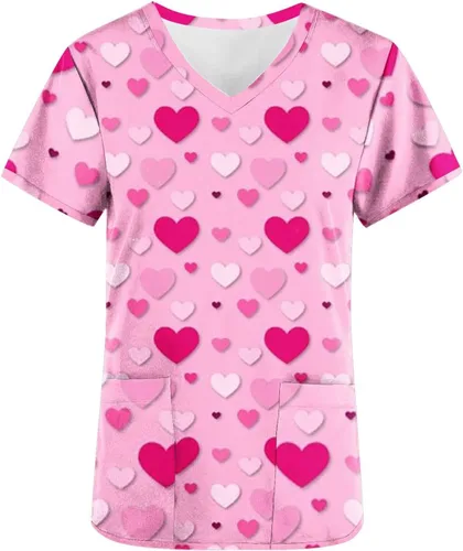 Vista 3 de Valentine's Day Scrub_Tops Women Heart Printed Top Short Sleeve V Neck Working Uniforms with Pockets