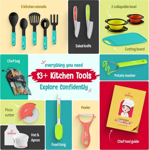 Vista 3 de Baketivity Juego de cocina para niños, utensilios reales con guía de herramientas de cocina, juego completo de cocina junior regalo para niñas