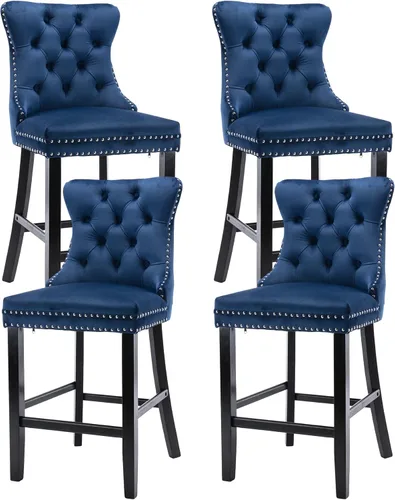 Vista 16 de Taburetes de bar tapizados de terciopelo modernos de 27 pulgadas con patas de madera, botón con cabeza de clavo cromada, taburetes de bar con Beige