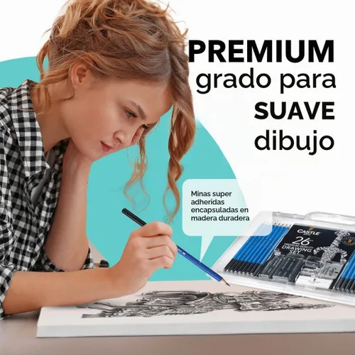 Vista 4 de Juego de lápices para dibujar y bosquejar, 26 piezas de Castle Art Supplies.