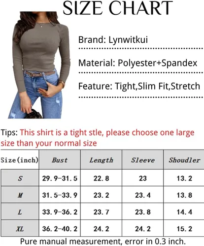 Vista 4 de Lynwitkui Blusa de manga larga elástica ajustada acanalada para mujer, blusa básica de color liso
