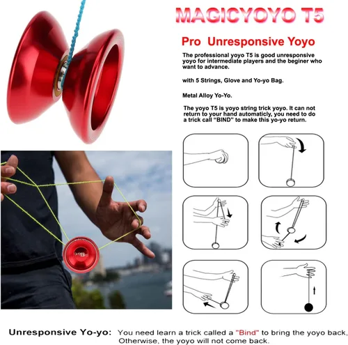 Vista 2 de Magicyoyo T5 Overlord Professional Yoyo Yoyo de aleación con 12 cuerdas de yoyo, bolsa de yoyo, guante, regalo de Navidad para niños (rojo)