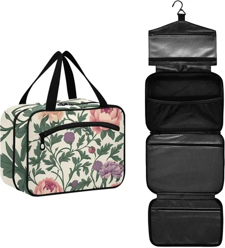 Vista 2 de Neceser de viaje con gancho, diseño retro vintage de flores, hojas y flores, bolsa de afeitar expandible para hombres para mujeres, bolso de viaje
