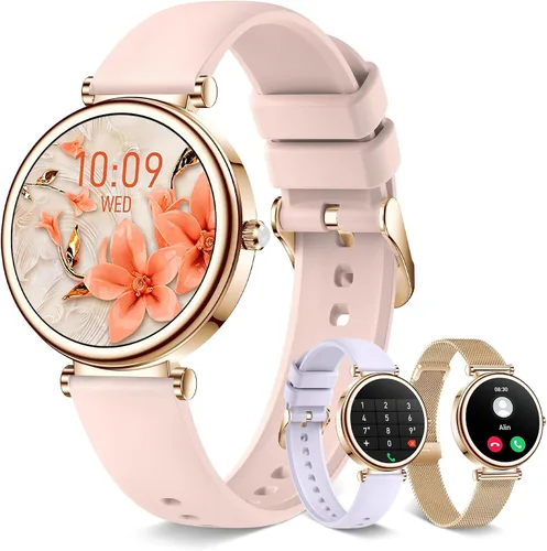 Vista 8 de Reloj inteligente para mujer, reloj inteligente de 1.27 pulgadas con llamada Bluetooth, oro rosa y rosa