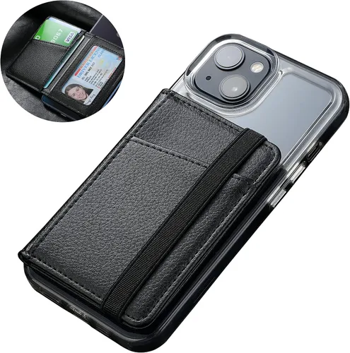 Vista 2 de Funda tipo cartera para teléfono, tarjetero para la parte posterior del teléfono, funda de piel con tapa compatible con iPhone, Samsung Galaxy Negro