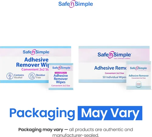 Vista 2 de Safe n' Simple Removedor de adhesivo para la piel, 50 paquetes de 2 x 2 pulgadas, toallitas removedoras de adhesivo, toallitas removedoras