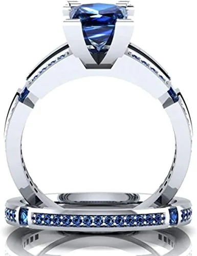 Vista 2 de Juego de anillos de compromiso de boda de zafiro azul creado princesa y redondo para mujer, plata de ley 925 chapada en oro blanco de 14 quilates