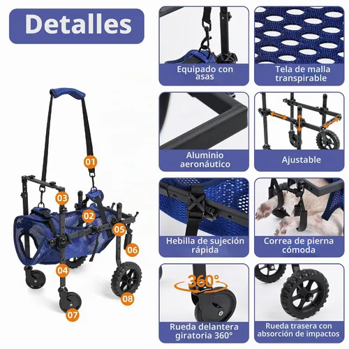 Vista 3 de ETIAL Carrito de silla de ruedas ajustable de 4 ruedas para perros discapacitados y mayores, arnés de elevación con 4 modos de uso, soporte