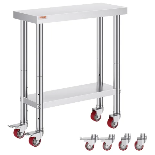 Vista 10 de Vevor Mesa de trabajo de acero inoxidable con ruedas de 24 x 12 x 32 pulgadas, mesa de preparación con 4 ruedas, mesa de trabajo resistente