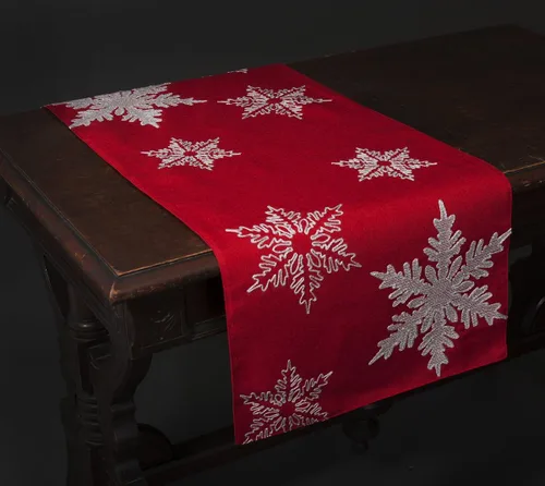 Vista 2 de XD17141 - Camino de mesa de Navidad bordado con copos de nieve, 16 x 36 pulgadas, rojo
