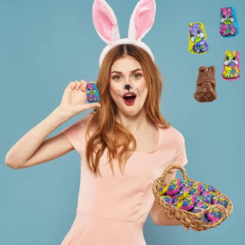 Vista 4 de Fruidles Conejitos de chocolate con leche de Pascua, rellenos de bolsas de fiesta suaves y cremosos, láminas multicolor envueltas individualmente