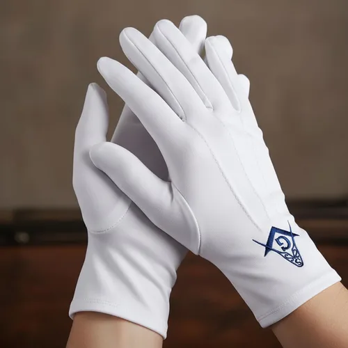 Vista 3 de Blue Square & Compass Masonic Embroidered Cotton Gloves - [White]