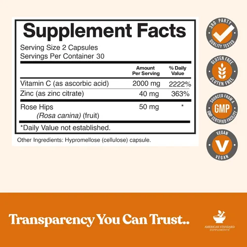 Vista 2 de American Standard Supplements Vitamina C 2000mg, Zinc 40mg, y Escaramujo 50mg por Porción – Vegano, Sin Gluten, Sin OMG (60 Unidades)