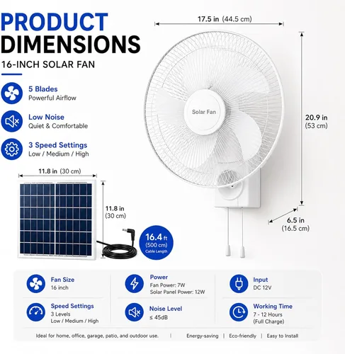 Vista 6 de Wall Mount Solar Fan for Patio, 16" Oscillating Fans, 3 Speeds Quiet Cooling, Solar Panel, Power Adapter, for Home, Garage, Fishing Black
