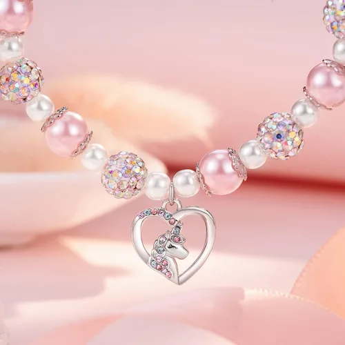 Vista 3 de HGDEER Pulsera de unicornio para hijanietasobrina Pulsera de perlas rosas y bolas de diamantes de imitación Longitud ajustable Adecuado