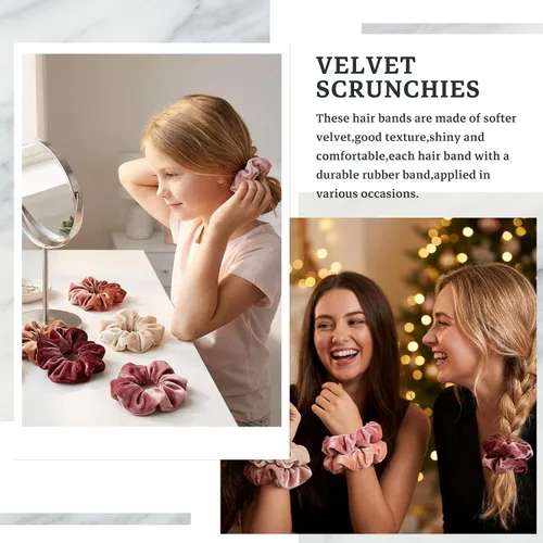 Vista 6 de Whaline Coleteros para el cabello con temática de rubor, bandas para el cabello de terciopelo grandes, color rosa, suaves, elásticas, accesorios